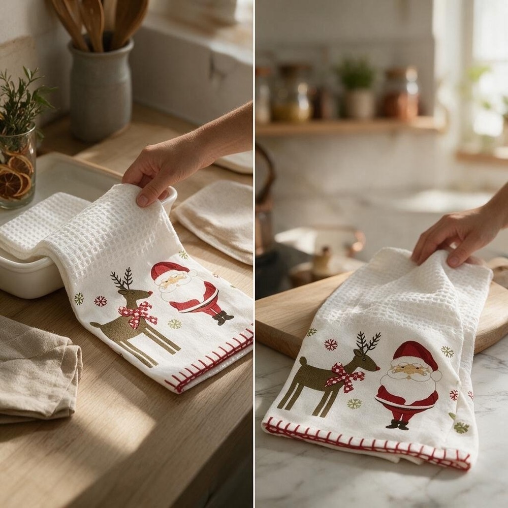 DII Christmas Kitchen Dish Towels Set of 2 White Santa Reindeer Brand New Waffle